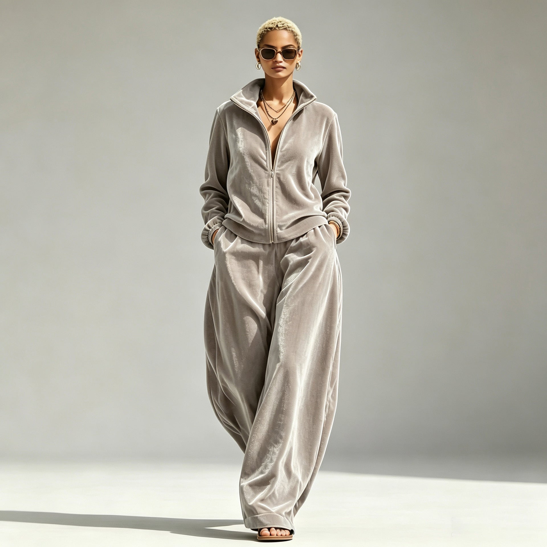 Gold Velvet Mandarin-Collar Jacket & Pants Two-Piece Set – Women's Relaxed Fit