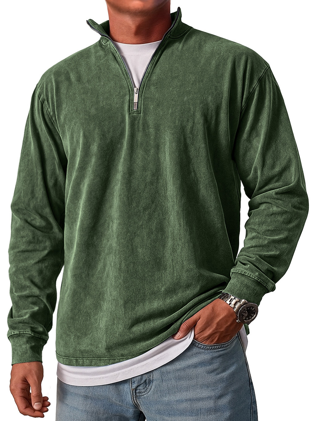 Men's Retro Stand Collar Zipper Casual Loose Solid Color Long Sleeve T-shirt