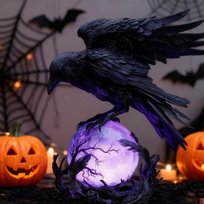 🌙🖤 “Raven’s Moonlight” Gothic LED Lamp – Mysterious Crow on Glowing Orb Sculpture ✨