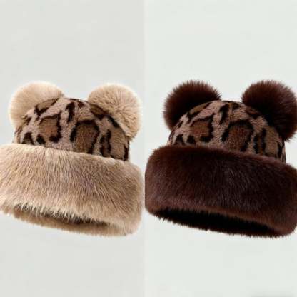 Women’s Leopard Print Mongolian Style Hat Soft Plush Fur Warm Cap