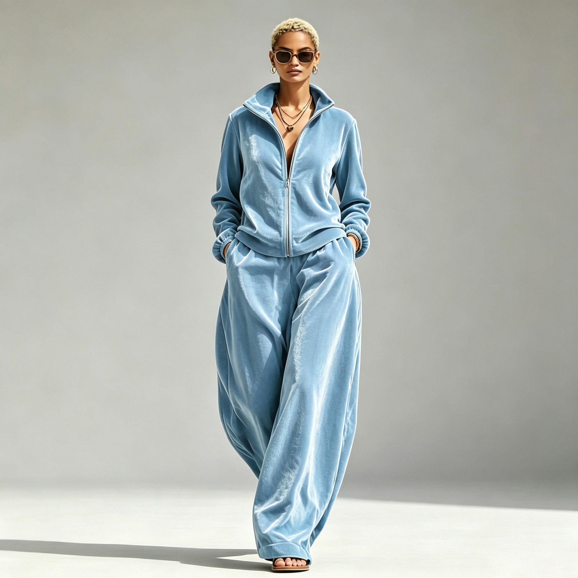 Gold Velvet Mandarin-Collar Jacket & Pants Two-Piece Set – Women's Relaxed Fit