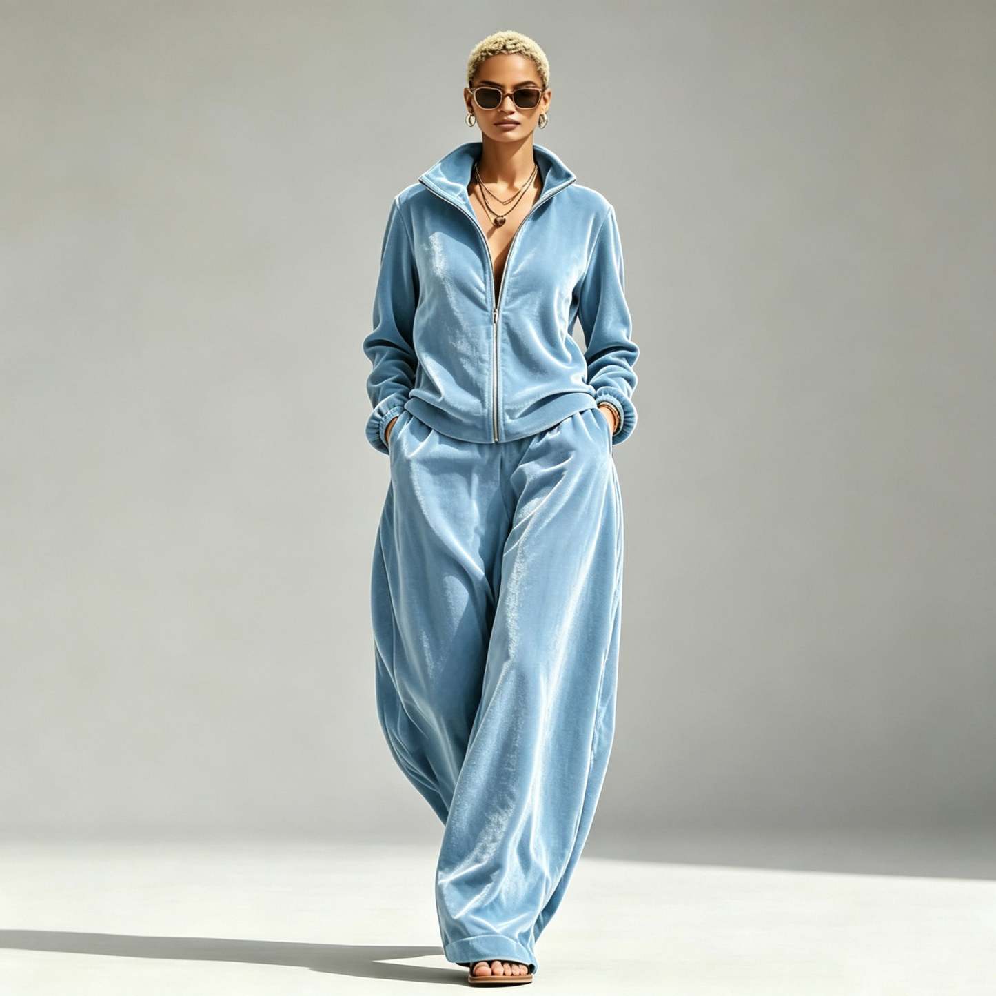 Gold Velvet Mandarin-Collar Jacket & Pants Two-Piece Set – Women's Relaxed Fit