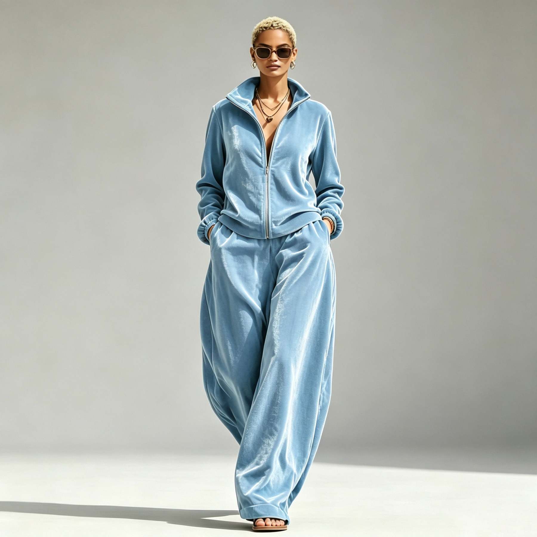 Gold Velvet Mandarin-Collar Jacket & Pants Two-Piece Set – Women's Relaxed Fit