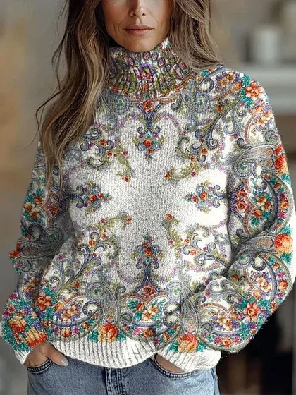 Women's Vintage Lovely Floral Art Print Knit Turtleneck Pullover Sweater