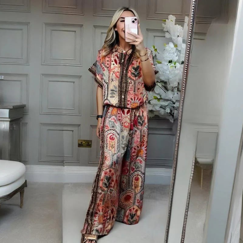 ✨ Stylish 2-Piece Co-ord: Women's Printed Top & Wide Leg Pants 2-Piece Set