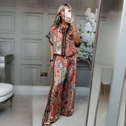 ✨ Stylish 2-Piece Co-ord: Women's Printed Top & Wide Leg Pants 2-Piece Set