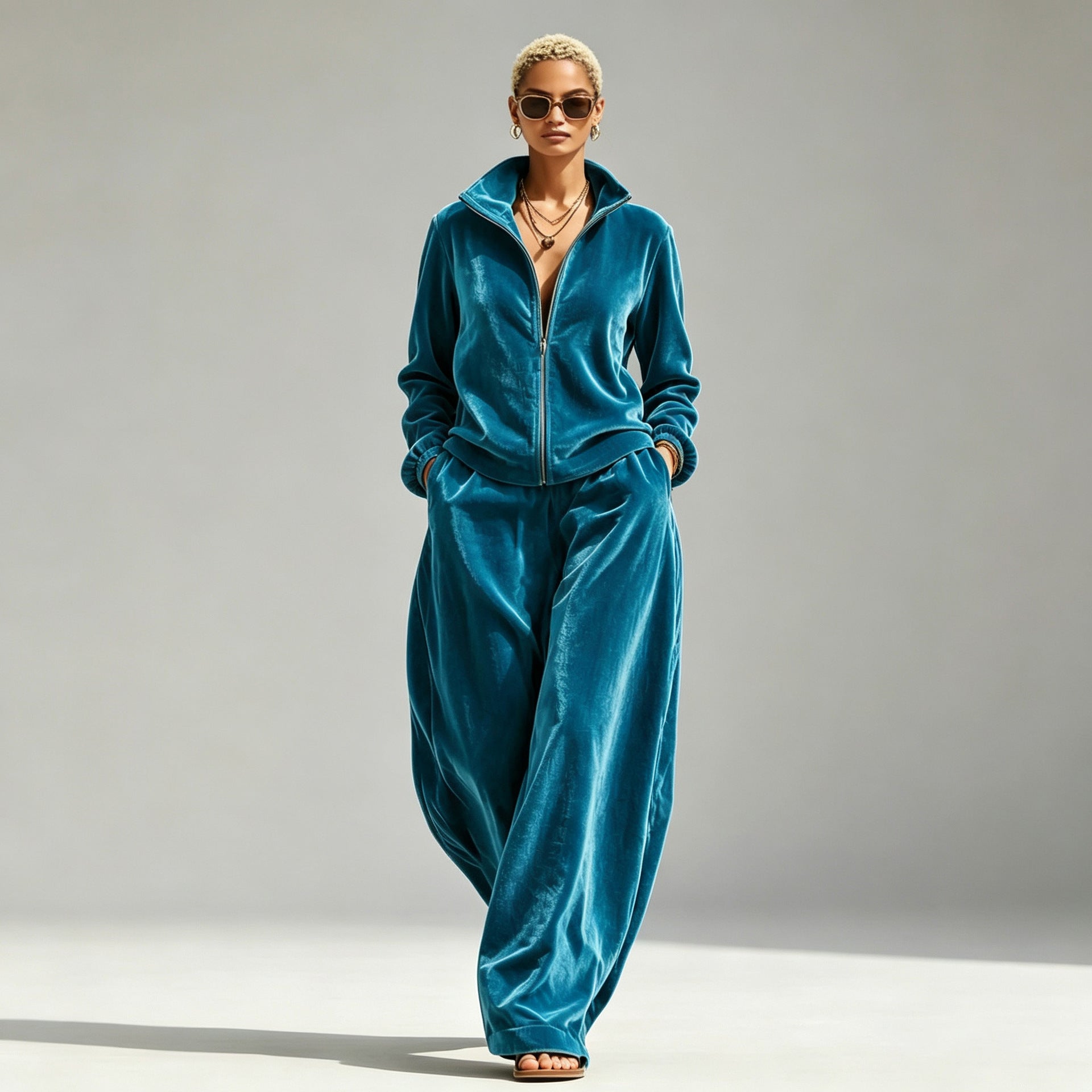 Gold Velvet Mandarin-Collar Jacket & Pants Two-Piece Set – Women's Relaxed Fit