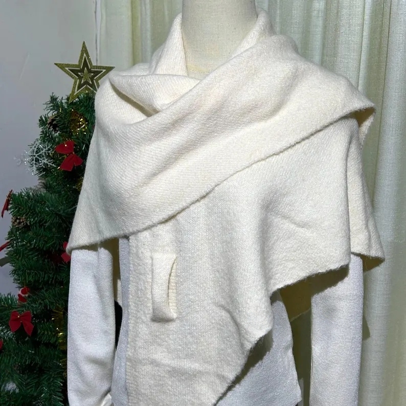 Handmade Cream Wool Blend Shawl: Elegant Winter Poncho Cape