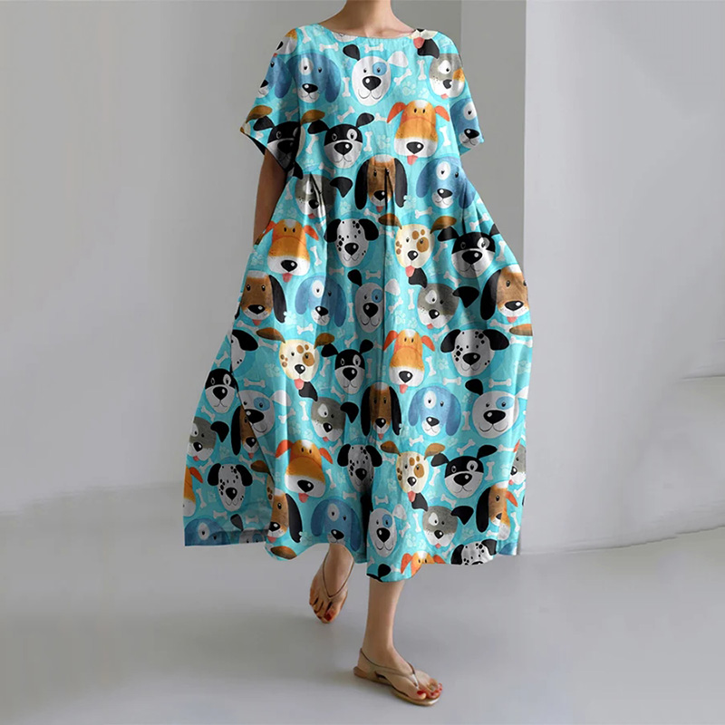 Women'S Funny Dog ​​Print Short Sleeve Linen Blend Midi Dress