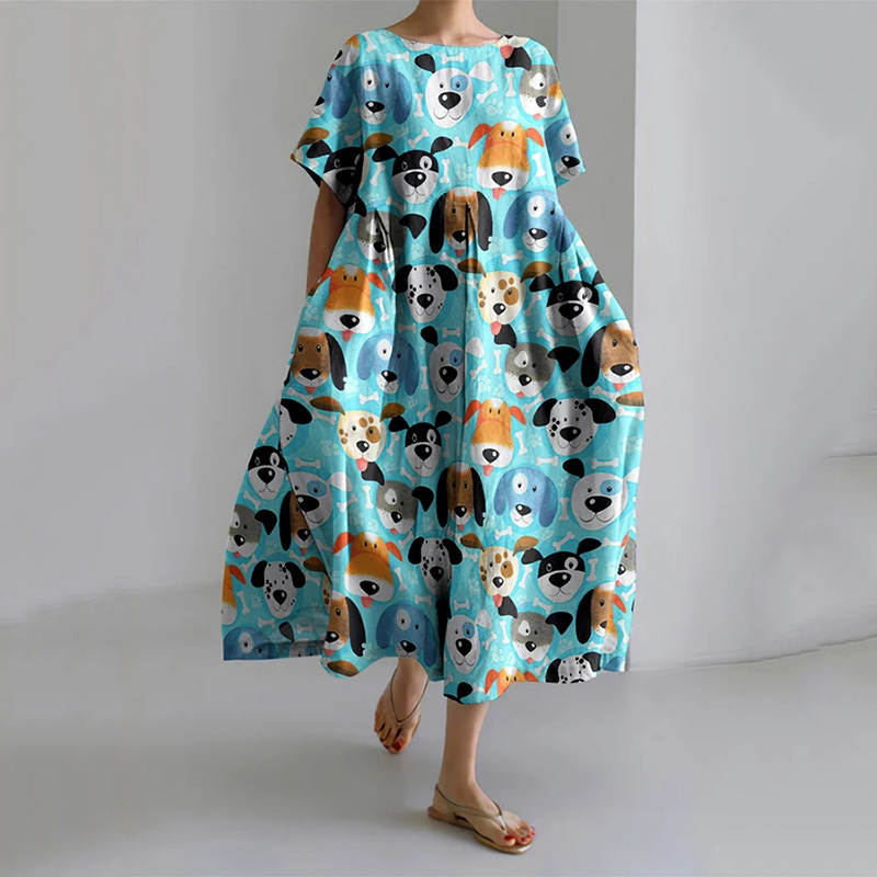 Women'S Funny Dog ​​Print Short Sleeve Linen Blend Midi Dress
