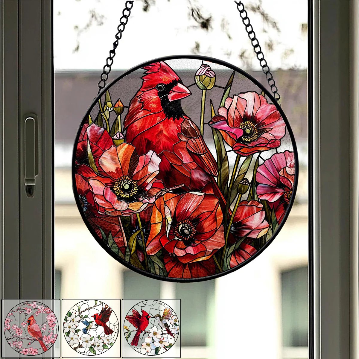 Cardinal&Hummingbird Stained Glass Suncatcher Window Hangings-Memorial Gift