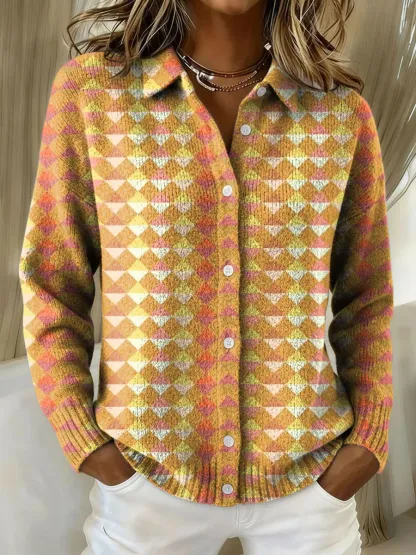 Women's Plaid Print Casual Cotton Buttoned Cardigan Sweater
