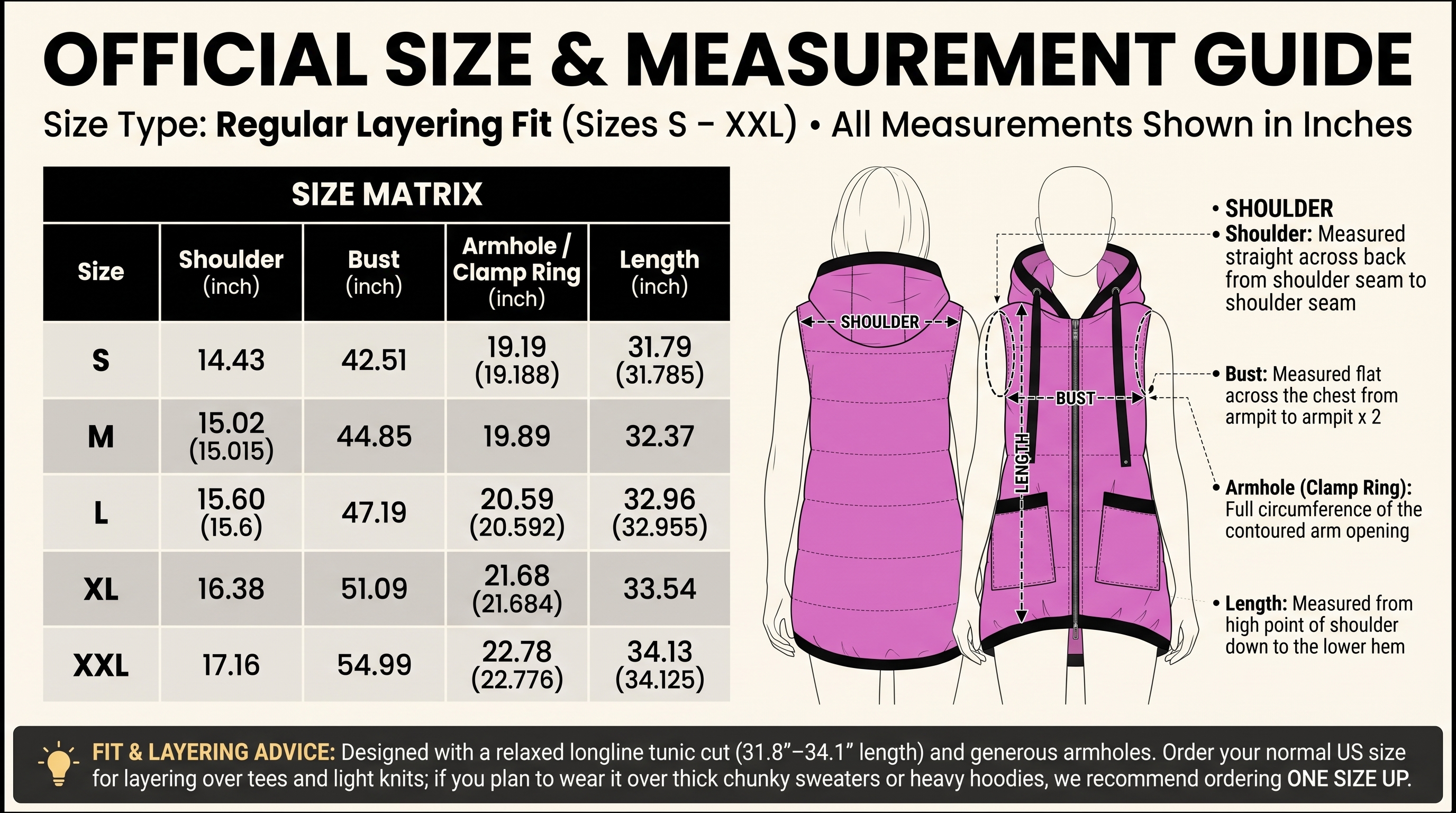 Official Size and Layering Measurement Guide - Sizes S to XXL