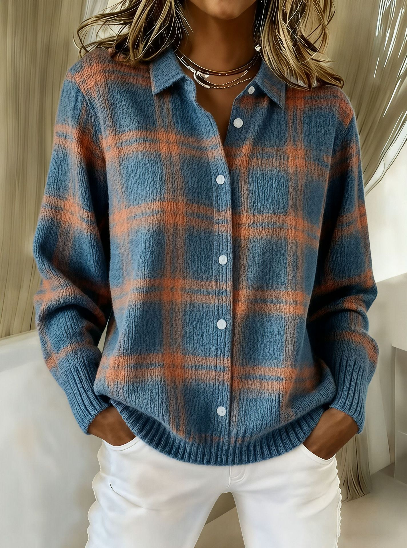 Women's Plaid Print Casual Cotton Buttoned Cardigan Sweater