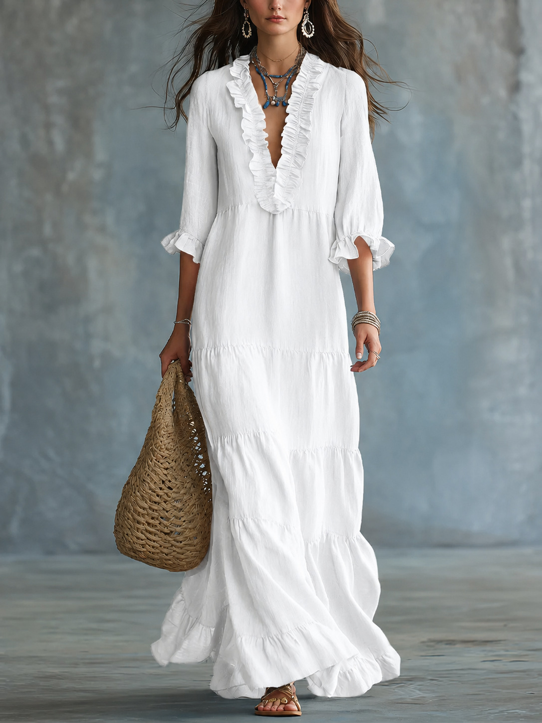 Women's Bohemian V-Neck Layered Casual Flowy Long Ruffle Dress - Cross-border Amazon & TikTok