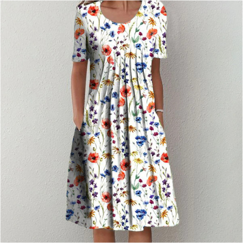 Women's elegant full skirt round neck printed short-sleeved dress