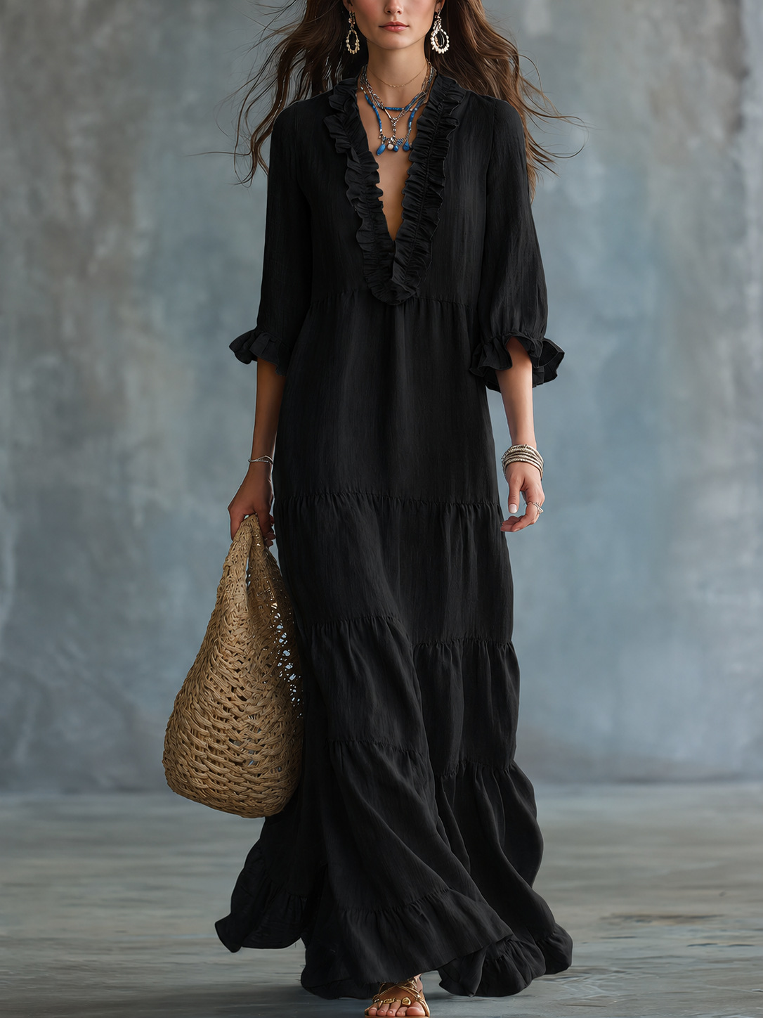 Women's Bohemian V-Neck Layered Casual Flowy Long Ruffle Dress - Cross-border Amazon & TikTok