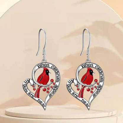 Cardinal Memorial Earrings – “When Cardinals Appear, Angels Are Near” Heart Drop Design
