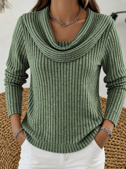 Women's casual loose-fitting fashionable solid-color herringbone long-sleeved knit top