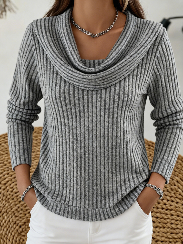 Women's casual loose-fitting fashionable solid-color herringbone long-sleeved knit top