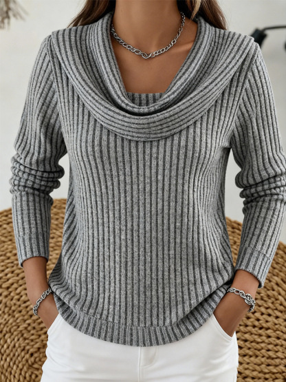Women's casual loose-fitting fashionable solid-color herringbone long-sleeved knit top