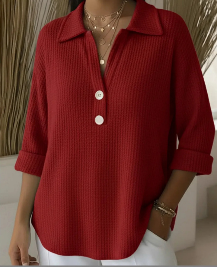 Women's new stylish loose-fitting waffle-knit long-sleeved shirt