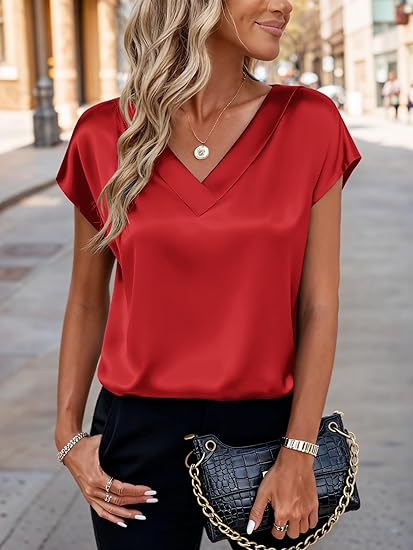 12-color in-stock women's new V-neck satin casual top