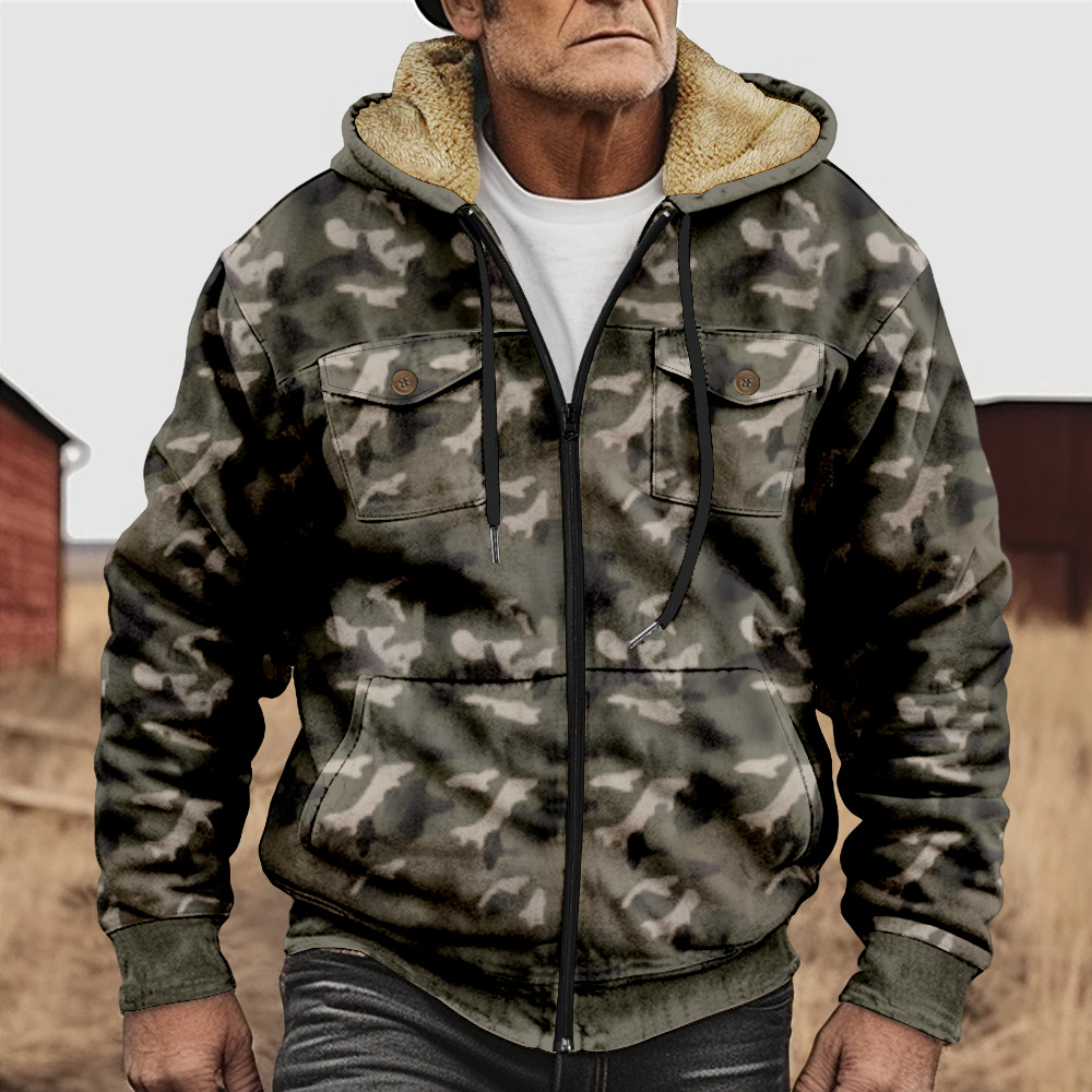 Men's Camouflage Hooded Multi-pocket Zip Cargo Jacket