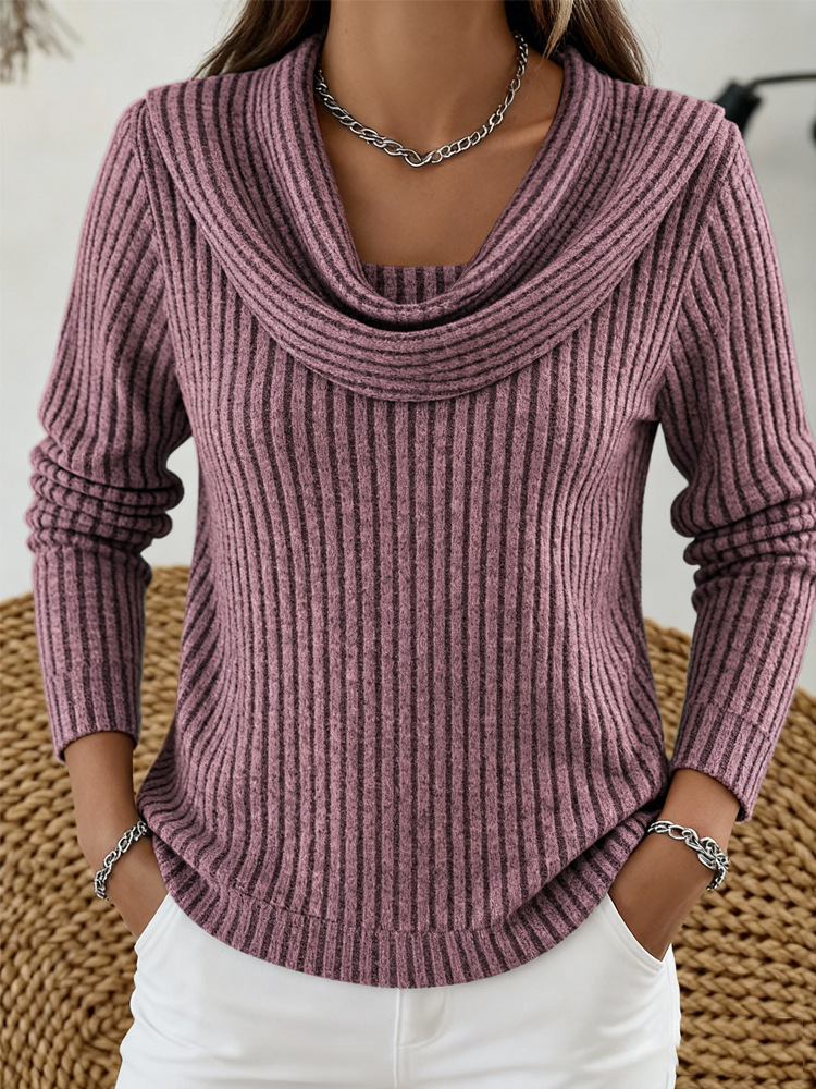 Women's casual loose-fitting fashionable solid-color herringbone long-sleeved knit top