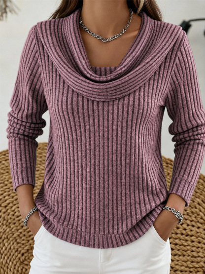 Women's casual loose-fitting fashionable solid-color herringbone long-sleeved knit top