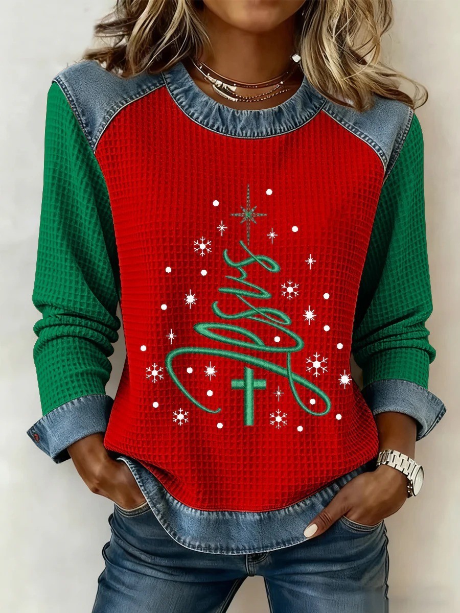 🔥Women's denim round neck loose-fitting pullover sweatshirt