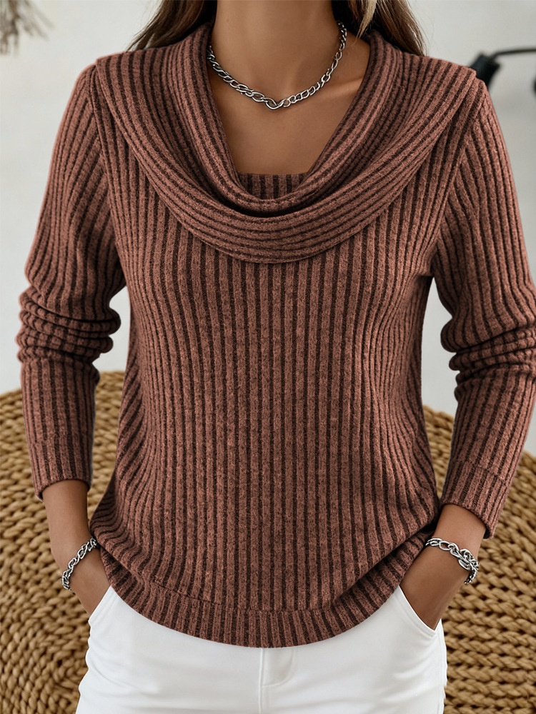 Women's casual loose-fitting fashionable solid-color herringbone long-sleeved knit top