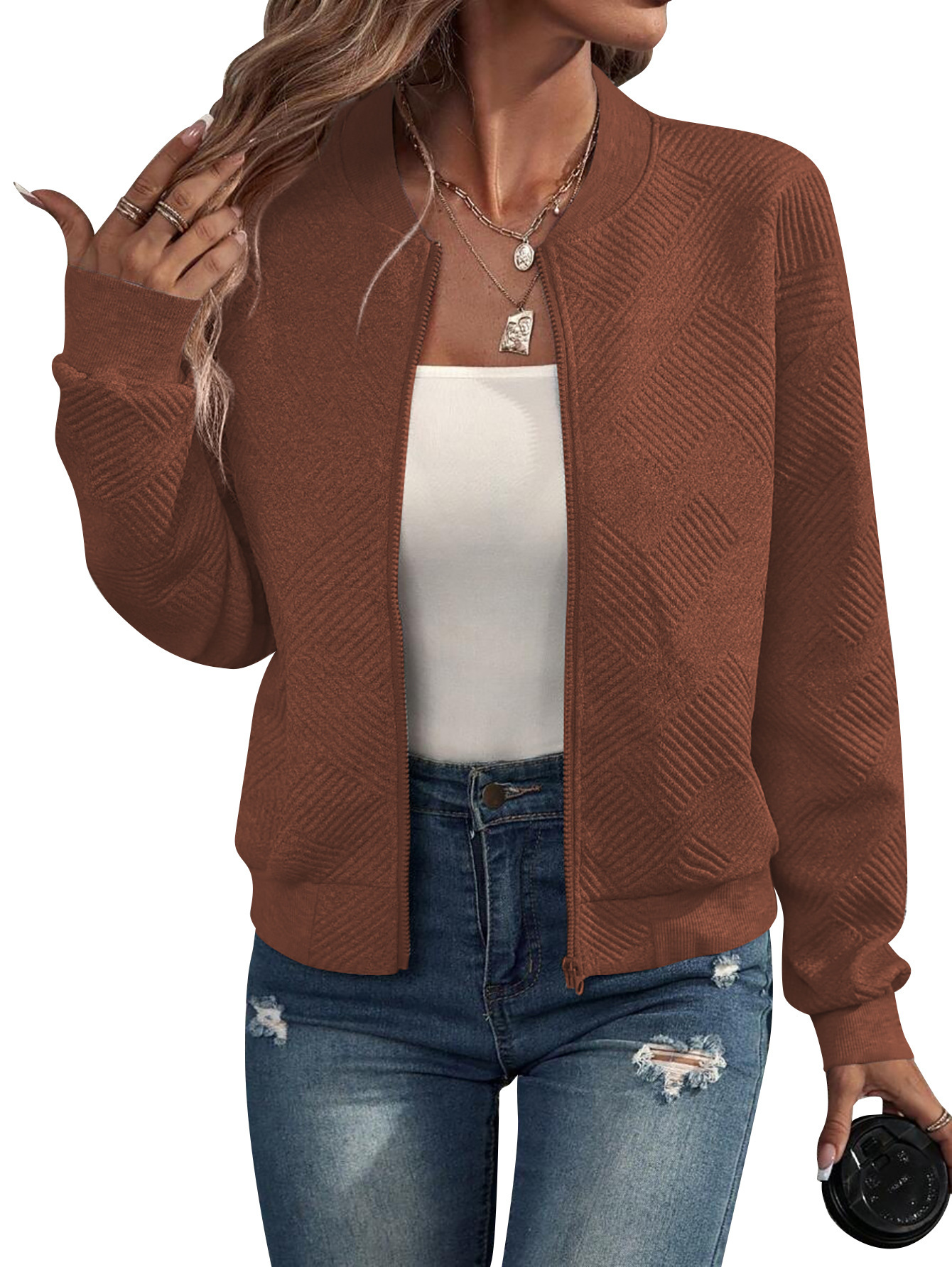 2026 New Colorful Zip-Up Jacket with Baseball Collar for Ladies' Casual Outfit