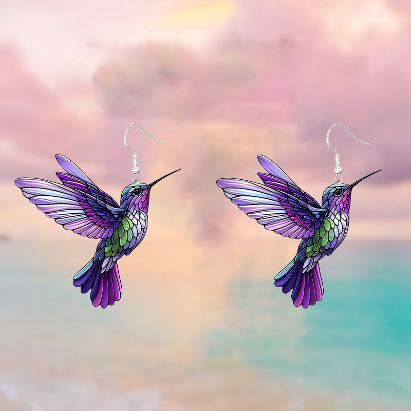 Vintage Enamel Hummingbird Hoop Earrings