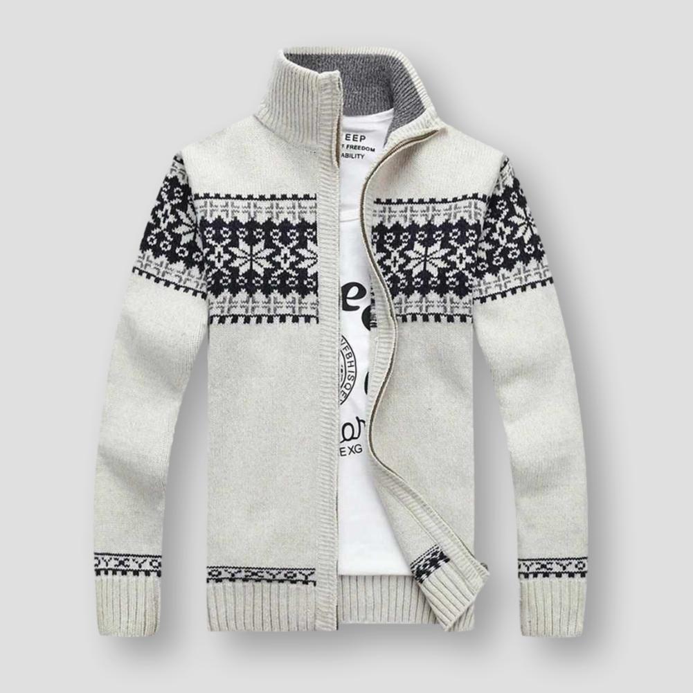 Men's winter knitted cardigan sweater - Nordic pattern zipped blended jacket