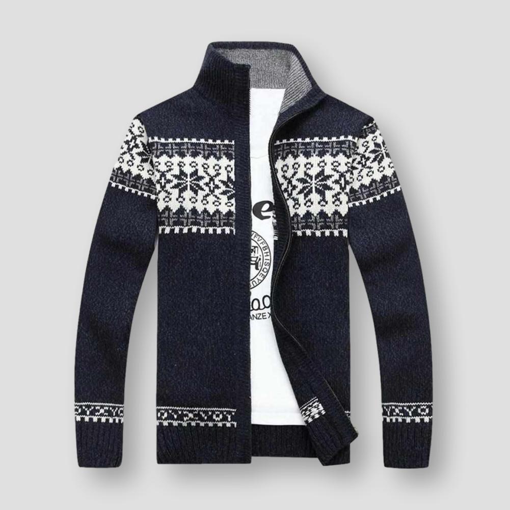 Men's winter knitted cardigan sweater - Nordic pattern zipped blended jacket