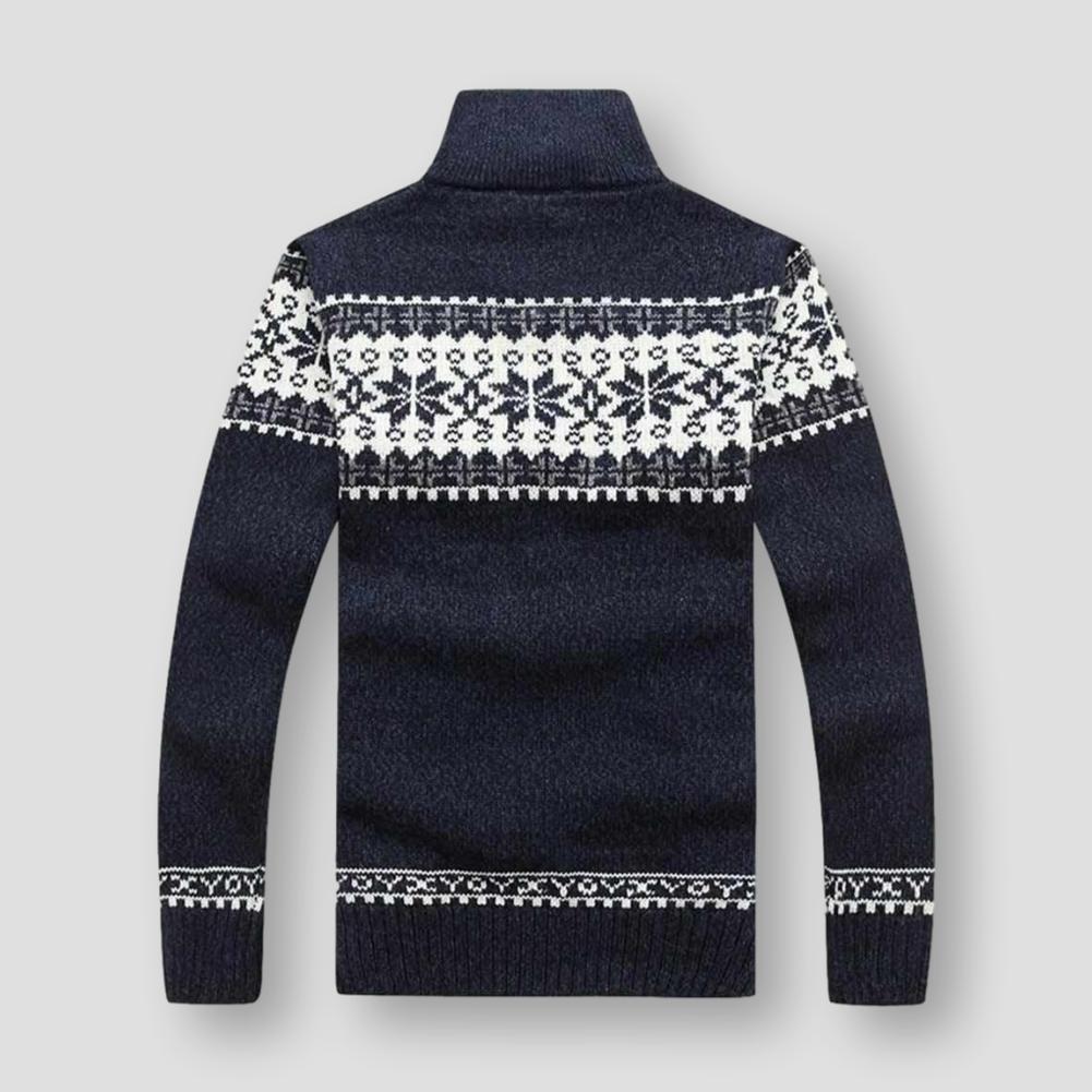 Men's winter knitted cardigan sweater - Nordic pattern zipped blended jacket