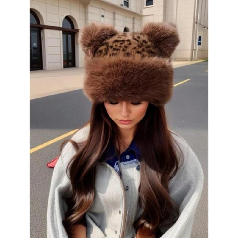 Women’s Leopard Print Mongolian Style Hat Soft Plush Fur Warm Cap