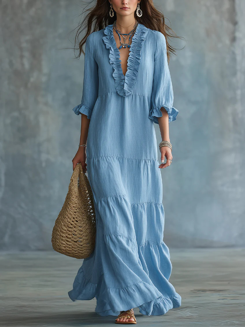 Limited-time 50% discount. Women's slimming bohemian style V-neck layered casual flowy long ruffle dress.
