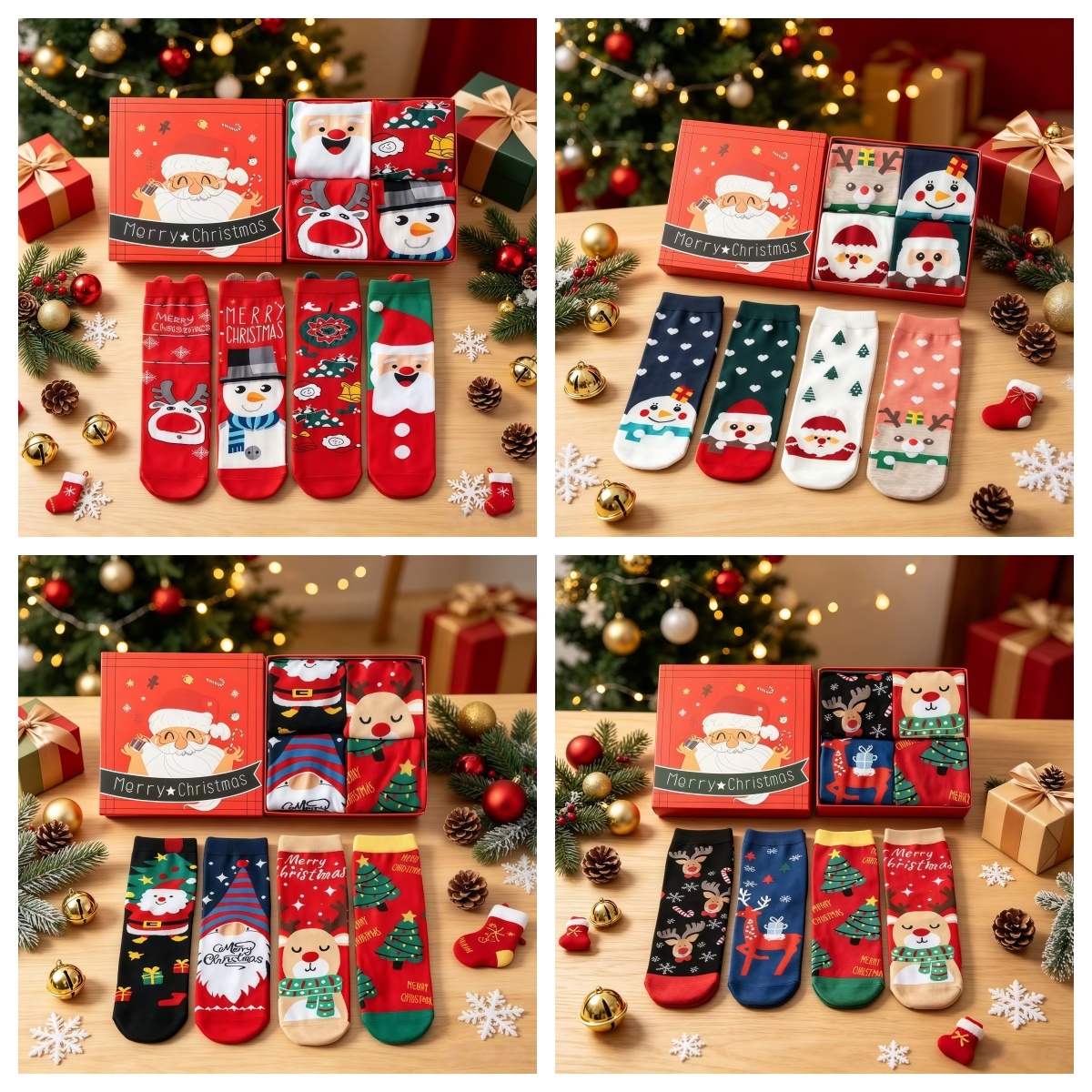 Christmas Socks Gift Set, 4‑Pair Festive Cotton Crew Socks, Holiday Christmas Gift for Women Men Family, Cute Santa Reindeer Snowman Printed Socks