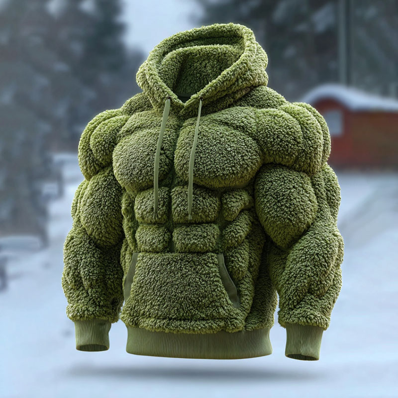 Men's Vintage Muscle Line Art Flannel Warm Cozy Hooded Sweatshirt