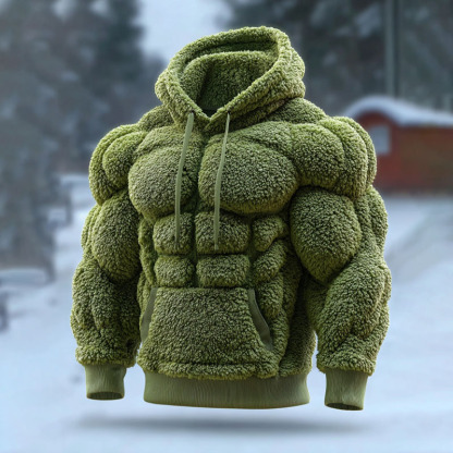 Men's Vintage Muscle Line Art Flannel Warm Cozy Hooded Sweatshirt