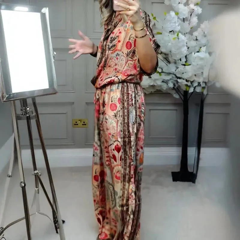✨ Stylish 2-Piece Co-ord: Women's Printed Top & Wide Leg Pants 2-Piece Set