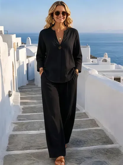 Women's Linen-feel Set Pants Sets Bolero Long Sleeve V Neck Solid Color Fashion Streetwear Casual Daily Outdoor Blue Black White Summer Loose Fit