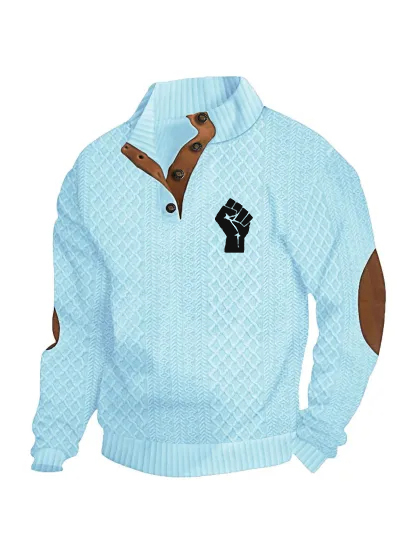 Black History Month Men's Knit Henley Sweater - African American Pride Fist Patch Casual Pullover