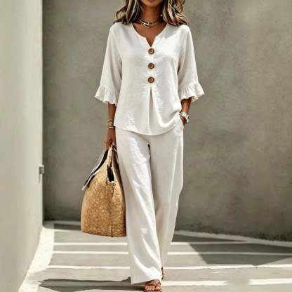 Solid Colour V-Neck Ruffle Three-Quarter Sleeve Top & Pants Set
