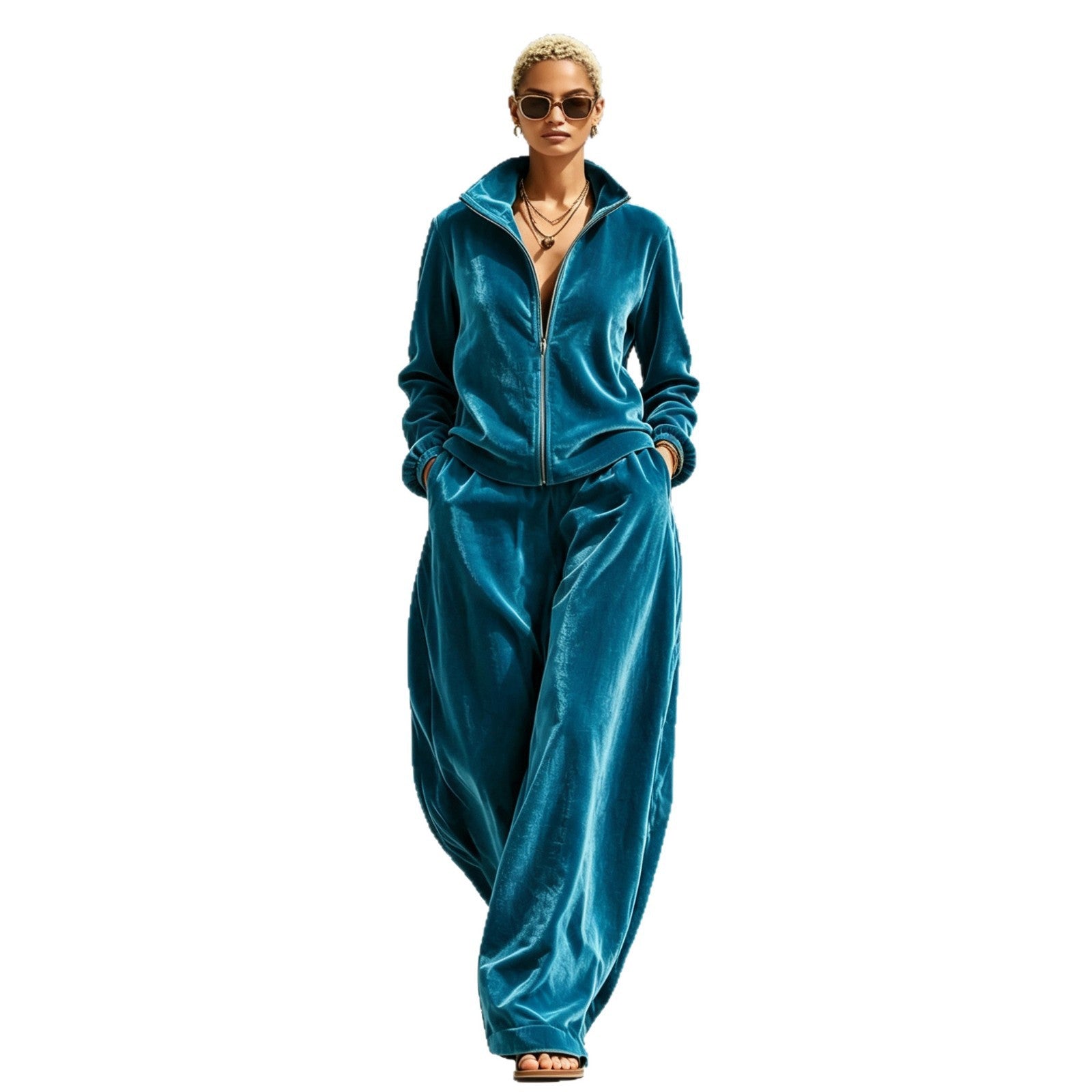 Gold Velvet Mandarin-Collar Jacket & Pants Two-Piece Set – Women's Relaxed Fit