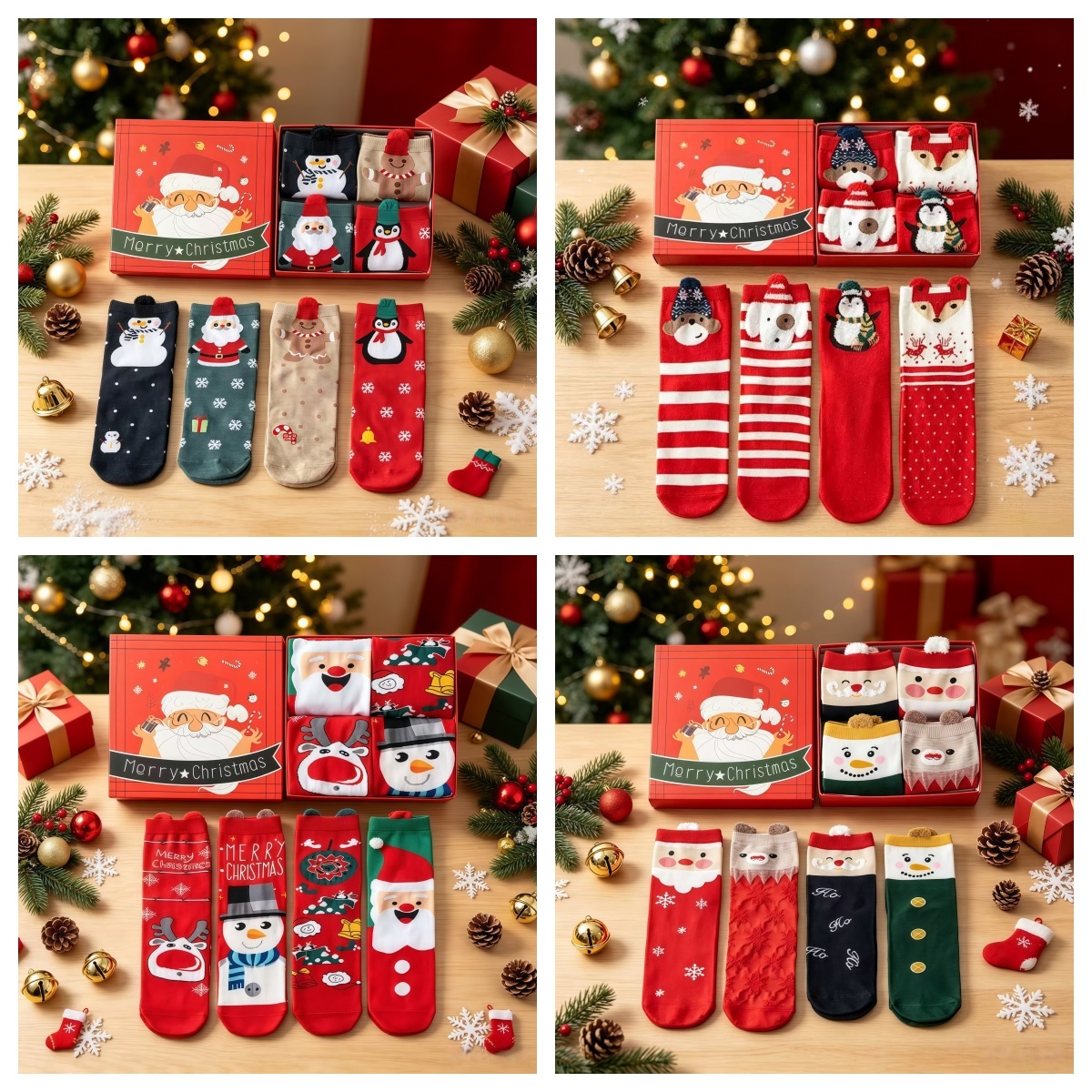 Christmas Socks Gift Set, 4‑Pair Festive Cotton Crew Socks, Holiday Christmas Gift for Women Men Family, Cute Santa Reindeer Snowman Printed Socks