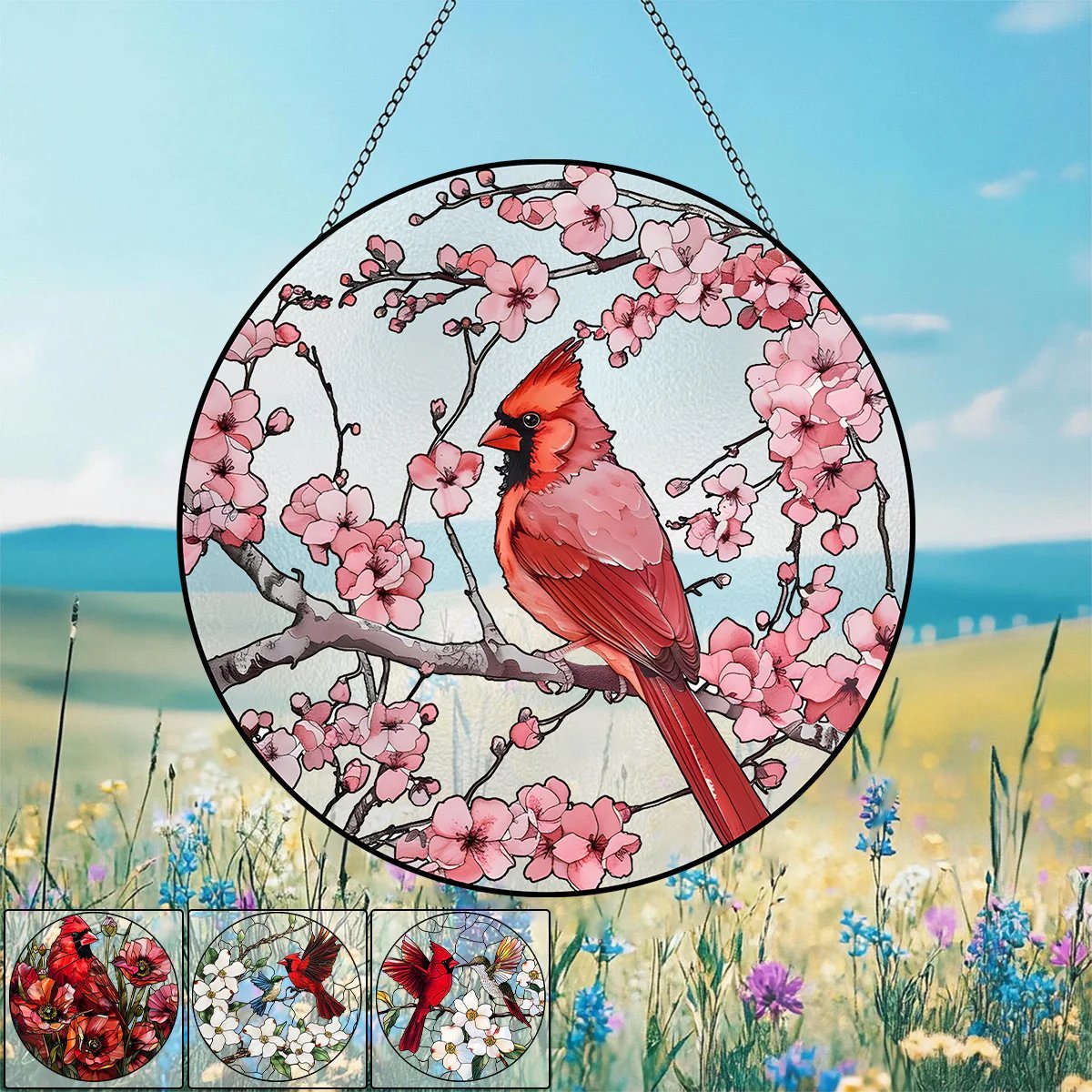 Cardinal&Hummingbird Stained Glass Suncatcher Window Hangings-Memorial Gift