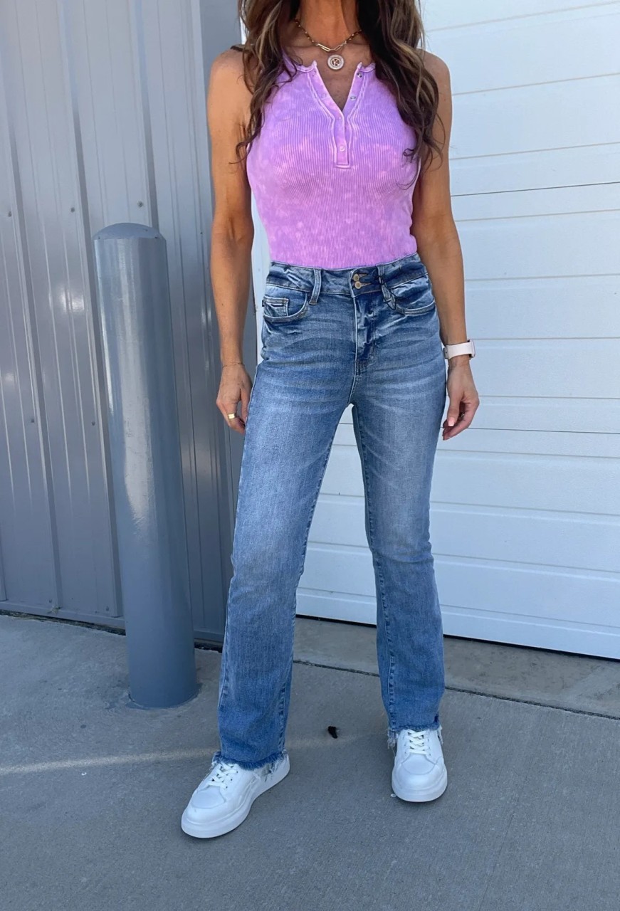 Judy Vintage Double Button Frayed Hem Bootcut Jeans (Buy 2 Free Shipping)